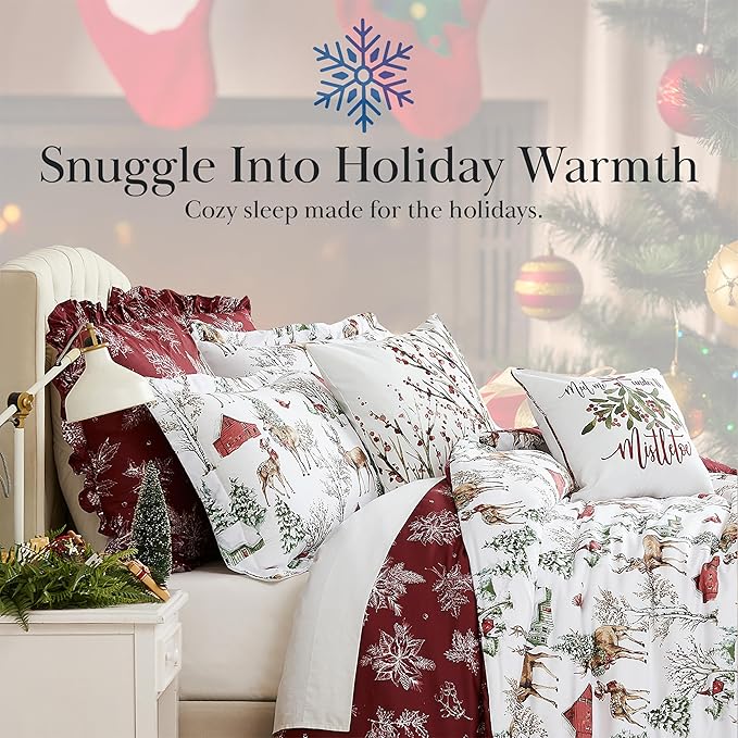 Southshore Fine Living, Inc. 5-Piece Reversible Christmas Comforter Set Twin/XL, Oversized Twin Christmas Bedding, Holiday Bedding, Winter Comforter, 2 Throw Pillows, 2 Shams - White Christmas