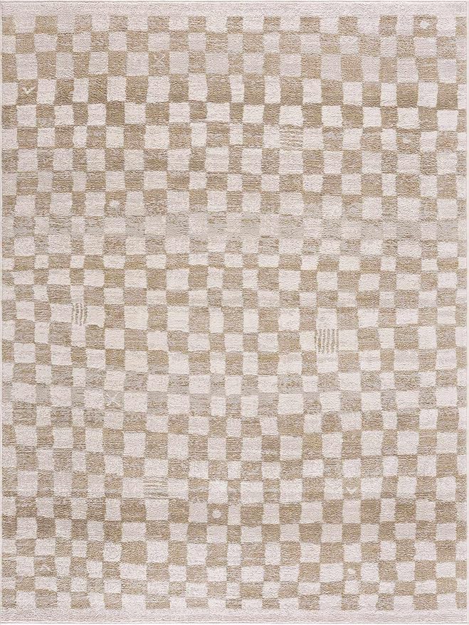 Hauteloom Pertek Modern Checkered Runner Rug - Modern Geometric Carpet for Hallway, Kids Room, Nursery - Bohemian Boho Carpet - Cream, Gold - 2'7" x 10'
