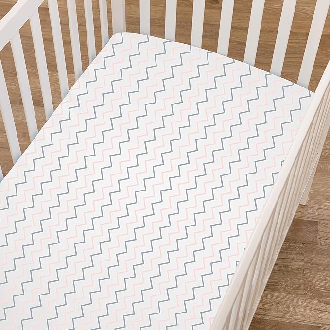 American Baby Company 2 Pack 100% Natural Cotton Fitted Mini Crib Sheets 38" x 24" - Soft & Breathable Small Nesting Portable Sheets, Fits Pack N Play Mattresses, Pink Whale/Zigzag, for Boys & Girls