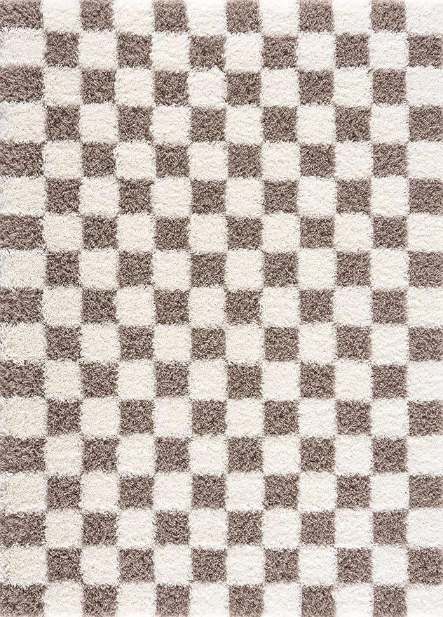 BoutiqueRugs Atira Modern Checkered Shag Area Rug - High Pile Fluffy Shaggy Carpet - for Entryway, Living Room, Nursery, Playroom, Girls Boys Room - Brown, Cream, White, Taupe - 4' x 6'