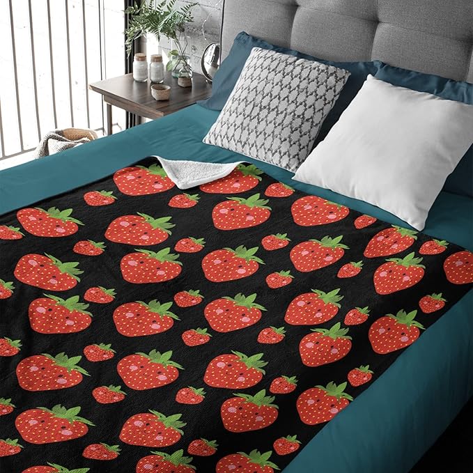 Thuswarm Cute Strawberry Kawaii Black Flannel Throw Blanket Warm Cozy Soft Funny Print Blankets for Bed Couch Sofa Room Decoration Gifts 120”×90” Extra Large for Family