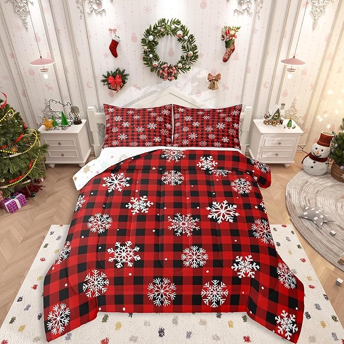 Feelyou Christmas Kids Comforter Set King Size Snowflake Red Bedding Set Red Black Plaid Duvet Quilt for Kids Boys Girls Bedroom Winter Snow Decor Microfiber Ultra Soft Breathable