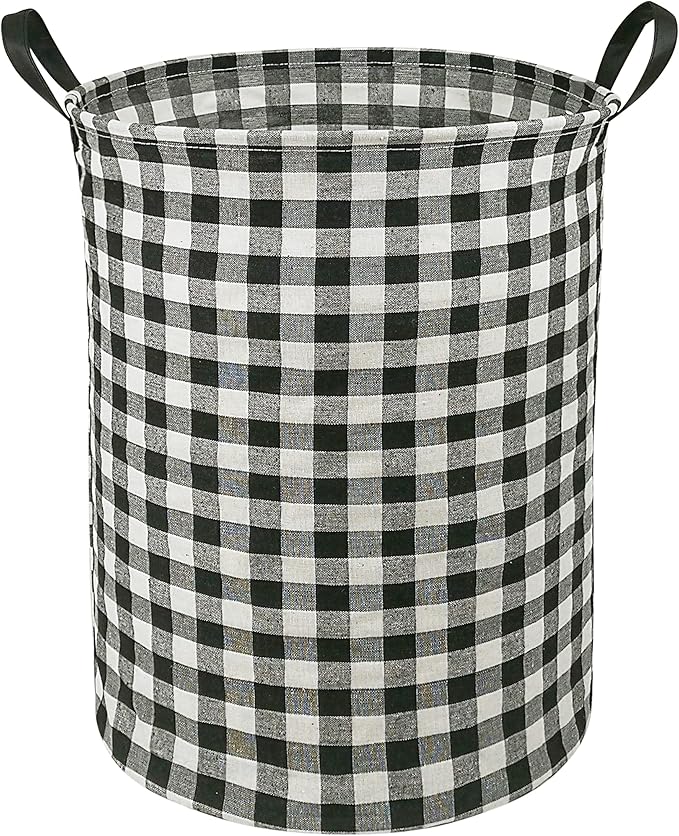 KUNRO Round Laundry Gift Basket Storage Hamper, Kids Toys and Clothes Storage Organizer Bins, Toy Shelf Basket with Handles for Room Decor (Black grid)