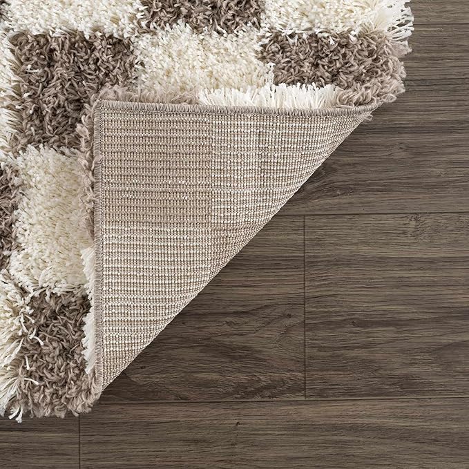 Hauteloom Atira Contemporary Checkered Fluffy Shag Area Rug - Modern Geometric Carpet Tiles for Living Room, Kids Room, Nursery - Plush Pile - Cream, Brown - 18" Sample