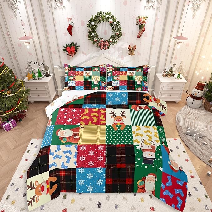 Feelyou Patchwork Christmas Bedding Set Soft for Boys Girls, Santa Claus Reindeer Comforter Set Full Size Snowman Duvet Quilt Microfiber Snowflake Bedroom Decor 3 Pcs with 2 Pillow Cases