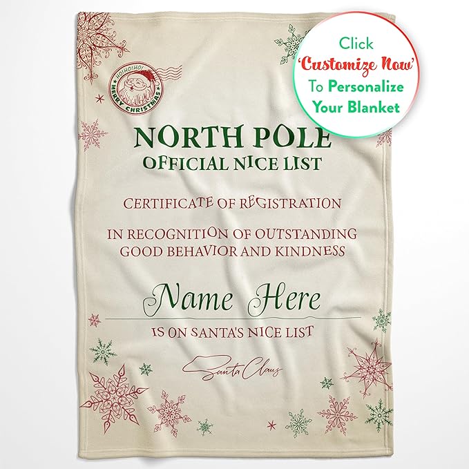 Custom Christmas Blanket, Santa’s Nice List - Ships Next Day, Printed in USA - Warm Fleece or Sherpa Sofa Throw, Cute Holiday Décor - Customizable Family Throws (Fleece 60x80)