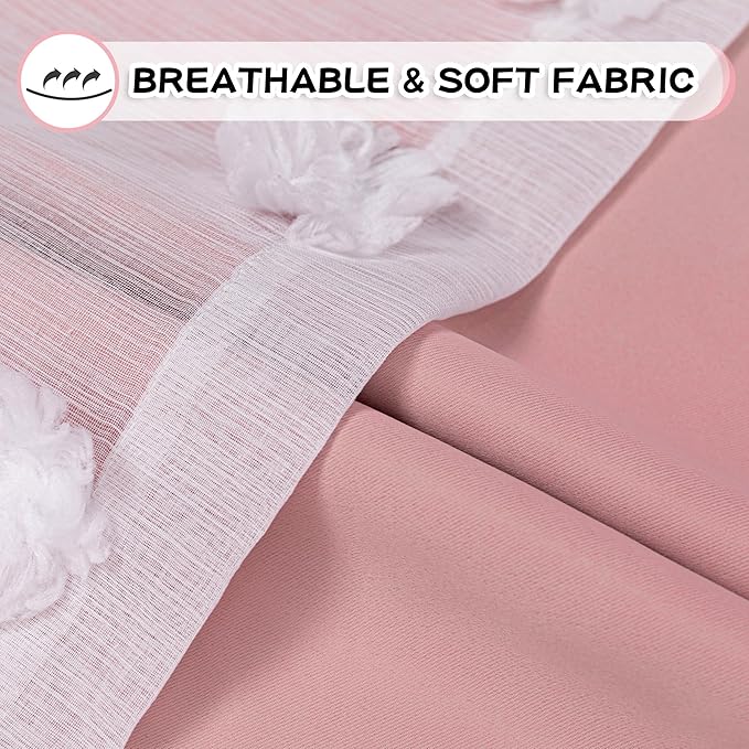MYSKY HOME Light Blocking Pink Curtains for Living Room White Sheer Pom Pom Kids Room Decor Drapes 102 Inches Long Double Layer Curtain for Sliding Door Grommet Window Panels Set of 2 52" x 102"