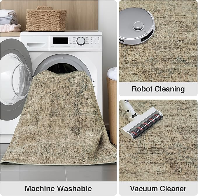 Fmfunctex 8x10 Washable Area Rug Brown Vintage Neutral Distressed Oriental Large Non Slip Carpet for Living Room Bedroom Soft Low Pile Indoor Mat Retro Throw Rug for Dining Room Kitchen Office Nursery