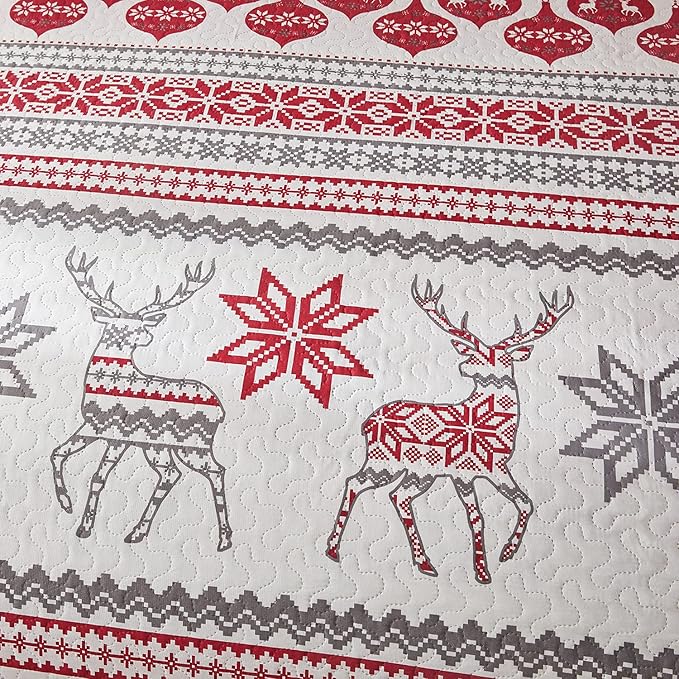 Christmas Quilt Set Twin Size Christmas Bedding Xmas Quilt Bedspread Coverlet Holiday Christmas Bed Set Deer Snowflake Christmas Decor Quilt Soft Lightweight Christmas Quilt Bedding,Red White