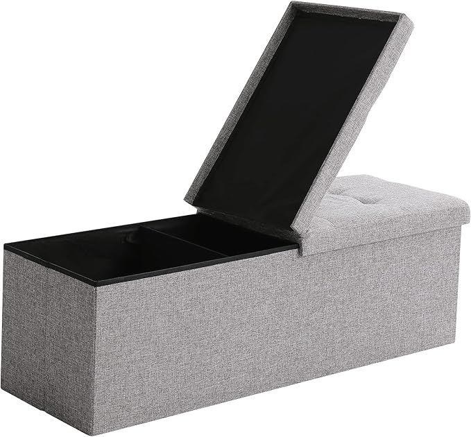 Cuyoca 45.3 Inches Foldable Seat Footrest Shoe Bench End of Bed Storage with Flipping Lid, 166L Upholstered Tufted Bench, Linen Fabric Grey