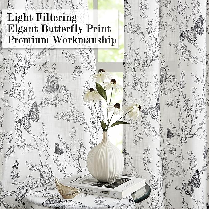 Jubilantex Butterfly Leaf Semi Sheer Curtains 84" L Curtain Panels for Kids Bedroom,Black Print on White Light Filtering Window Drapes,Grommet Top