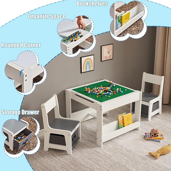 Kids Table and Chair Set, 3 in 1 Wooden Activity Table with Storage Drawer for Toddlers Drawing, Reading, Crafts, 2 in 1 Detachable Tabletop Table Set for Nursery, Playroom (Gray & White)