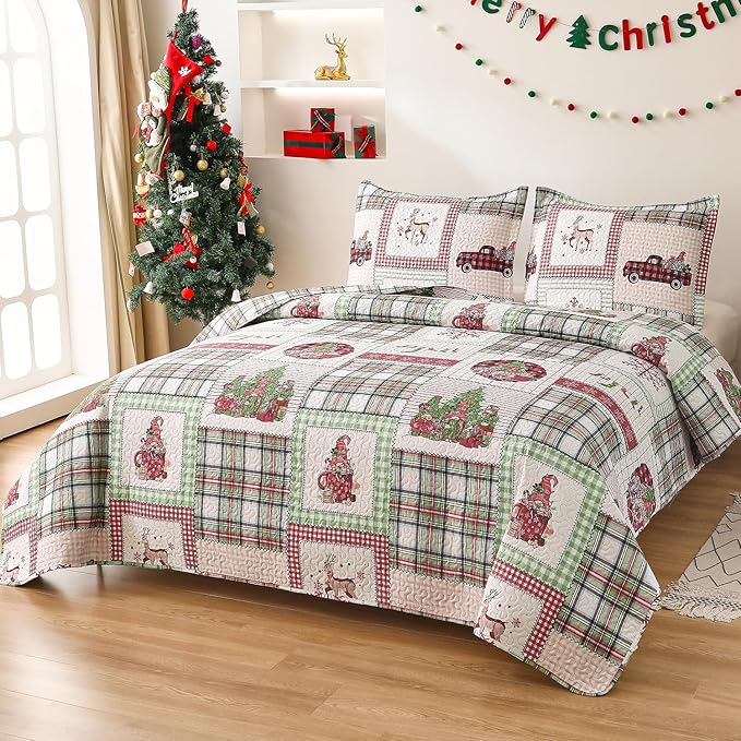 Christmas Bedding Set King Quilt Bedspread Coverlet,Plaid Patchwork Christmas Quilt Bedding Holiday Xmas Bedspread Lightweight Reversible Gnome Santa Claus Home Festival Decor