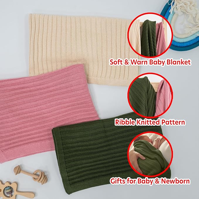 Baby Knit Blanket, 100% Cotton Ribble Patterns, Soft, Cozy, Lightweight Swaddle for Newborn & Infant Swaddling Beige Neutral, Perfect Baby Shower Ideas Green 28x36