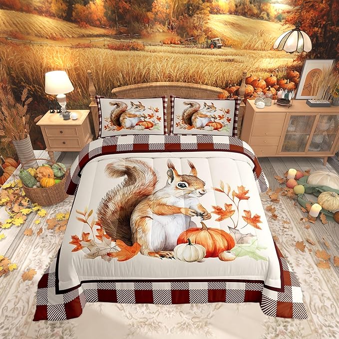 Castle Fairy Autumn Harvest Squirrel Bed Comforter Set Queen Size,Vintage Wood Plank Grid Super Soft Microfiber Bedding Set for Adults Men,Fall Pumpkin Maple Leaf Decorative Comforter Set,3 Pcs