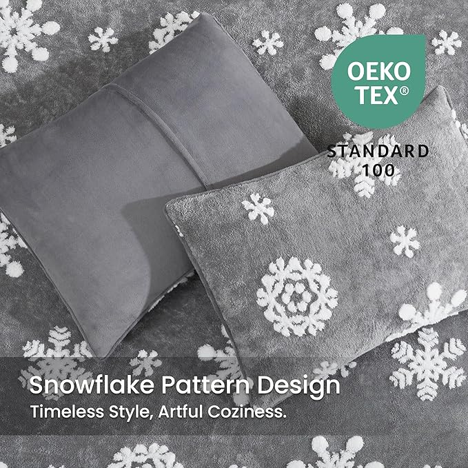 Amélie Home Christmas Comforter Set Queen, Fluffy Fleece Bedding Set with Christmas Snowflake, Grey Plush Comforter for Winter, 3 Pieces, 1 Soft Comforter and 2 Pillow Shams