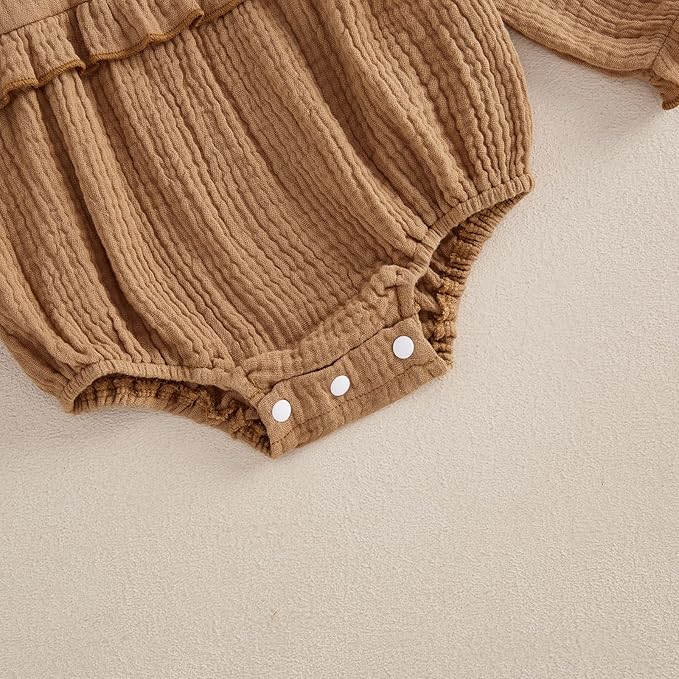 Newborn Infant Baby Girl Clothes Cotton Linen Long Sleeve Smocked Bubble Romper Ruffle Bodysuit Jumpsuit Fall Outfit
