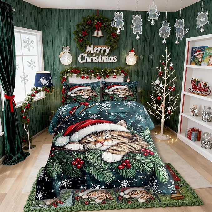 Cute Cat Comforter Set King Size,Winter Holly Berries Snowflake Kids Bedding Set,Animal Merry Christmas Poinsettia Quilt Comforter,Dark Green Duvet Insert,2 Pillowcases