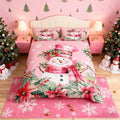 Manfei Xmas Snowman Duvet Cover Set King Size, Leaves Flower Snowflake Comforter Cover with 2 Pillowcases, Christmas Pink Bedding Set 3pcs for Kids Boys Girls Lightweight Bedspread Cover,No Comforter