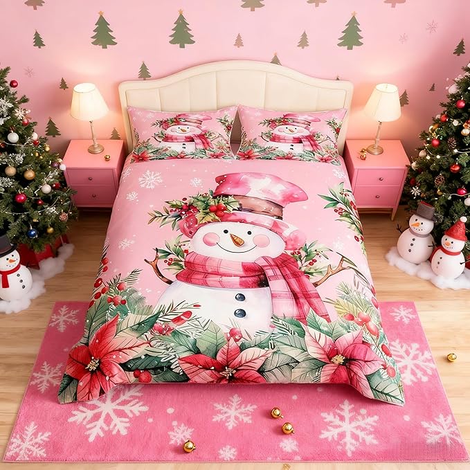 Manfei Xmas Snowman Duvet Cover Set Full Size, Leaves Flower Snowflake Comforter Cover with 2 Pillowcases, Christmas Pink Bedding Set 3pcs for Kids Boys Girls Lightweight Bedspread Cover,No Comforter