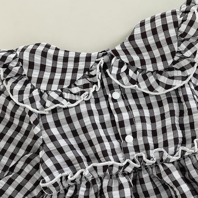 Karuedoo Newborn Baby Girl Clothes Gingham Plaid Bubble Romper Long Sleeve Ruffle Bodysuit with Headband Spring Fall Outfit