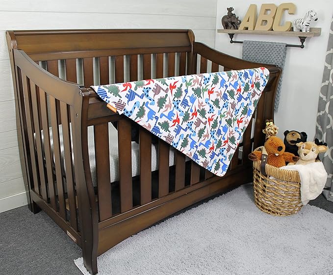 Top Tots Baby Blanket - Dinosaur with Grey Minky Dot, 38.5 x 29 Inch Blue, Green & Red