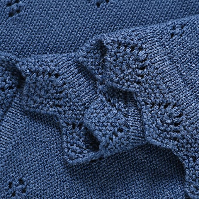 mimixiong Cotton Baby Blanket Knitted Crochet Receiving Crib Nursery Swaddling Blankets for Newborn Baby Boy Girl with The Bunny Rattle (Denim Blue)