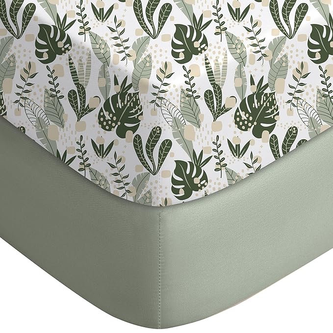 Yoofoss Pack and Play Sheets Fitted, Mini Crib Sheets 2-Pack for Pack N Play Mattress, Stretchy Playard Sheet, Soft and Breathable (Green + Banana Leaves)