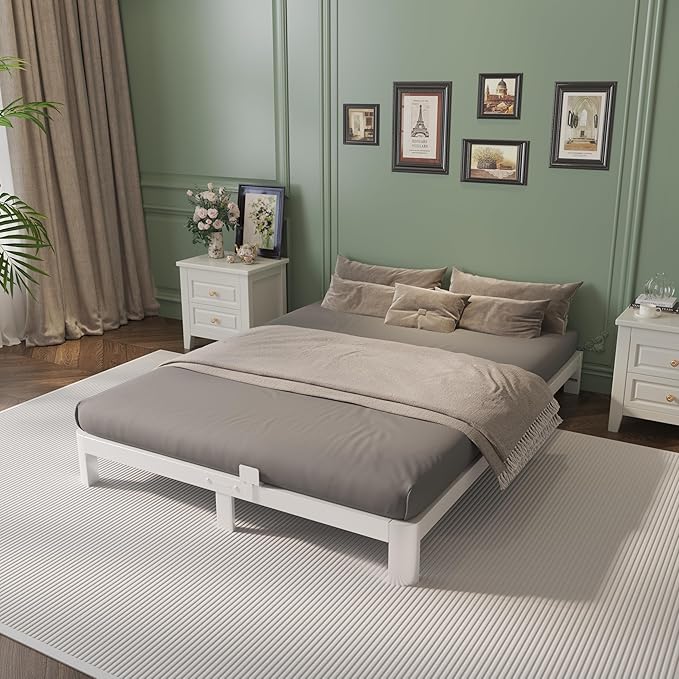 6 Inch Full Size Bed Frame with Metal Gaskets, White Full Bed Frame No Box Spring Need, Heavy Duty Steel Platform Support, Round Corner Legs, Easy Assembly, Noiseless