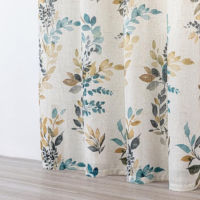 MYSKY HOME Curtains for Living Room Semi Sheer 72 inch Length Light Filtering Privacy Protect Drapes Set Linen Blended Texture Soft Touch Leaves Pattern Treatment, 52" Wide, Yellow and Blue, 2 Panels