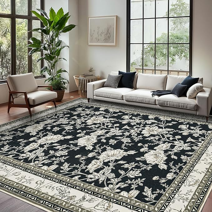 Black Boho Living Room Rug 5x8, Washable Low Pile Non Slip Area Rugs for Bedroom, Dining Room, Office, Farmhouse Retro Carpet Indoor Cream Beige Taupe Pattern Aesthetic Sketch Style Vintag Room Decor