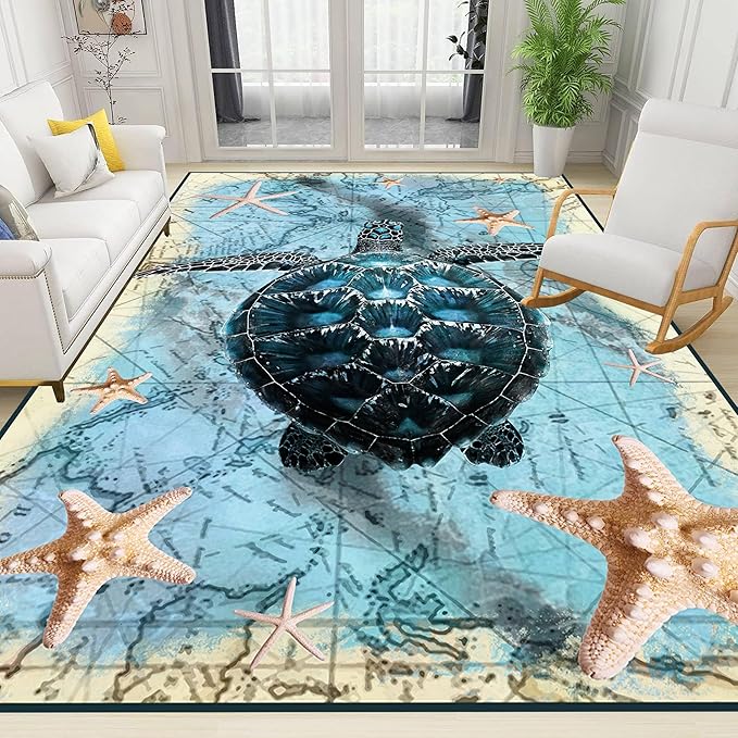 Nautical World Map Area Rug, 6x9ft, Coastal Sea Turtle Starfish Children's Rugs, Blue Ocean Themed Washable Dirty Resistant Mat, Soft Cozy Thin Easy Clean Mat for Floor Living Room