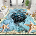 Nautical World Map Area Rug, 4x5ft, Coastal Sea Turtle Starfish Children's Rugs, Blue Ocean Themed Washable Dirty Resistant Mat, Soft Cozy Thin Easy Clean Mat for Floor Living Room