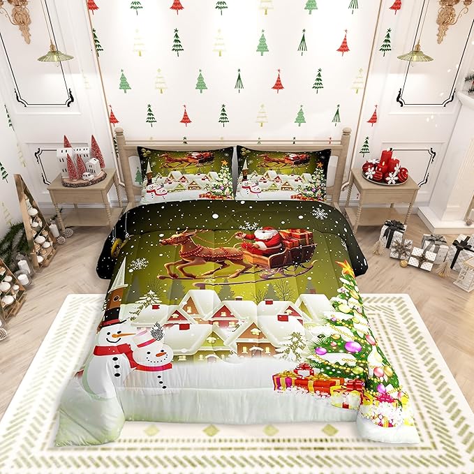 Manfei Christmas Comforter Set Twin Size, Xmas Tree Snowman Quilt Set with 1 Pillowcase, Santa Claus with Deer Bedding Set 2pcs for Kids Boys Girls Room Decor New Year Theme Duvet Insert