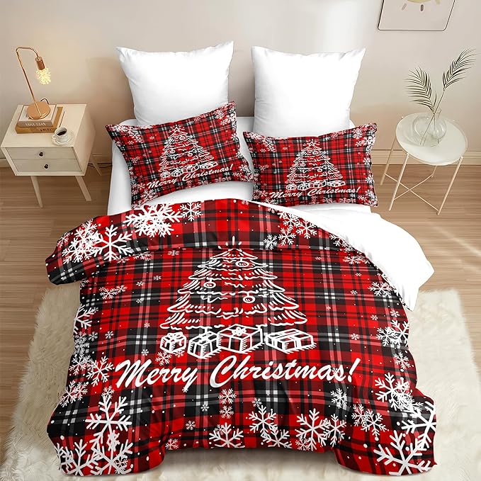 Christmas Duvet Cover Twin Size Black Red Gingham Xmas Bedding Set Kids Boys Girls Christmas Tree Plaid Pattern Soft Comforter Cover 2 Pcs with Zipper Closure (No Comforter)
