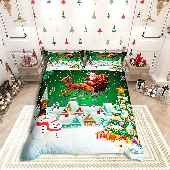 Manfei Christmas Duvet Cover Set Twin Size, Snowman Xmas Tree Comforter Cover with 1 Pillowcase, Santa Claus with Deer Bedding Set for Kids Boys Girls New Year Theme Bedspread Cover, No Comforter
