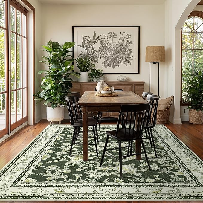 Olive Green Floral Print Area Rugs for Bedroom Living Room Boho Farmhouse Country Rustic Dining Room Carpet Soft Washable Rugs Non Slip Floor Covering for Nursery Playroom 5x7