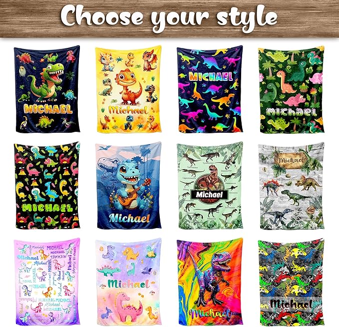 Ship Next Day, Custom Baby Blanket with Name for Boys Girls, Dinosaur Blankets, Personalized Name & Animals Blankets for Kids Teens, Christmas Birthday Gifts for Daughter Son Nephew Niece