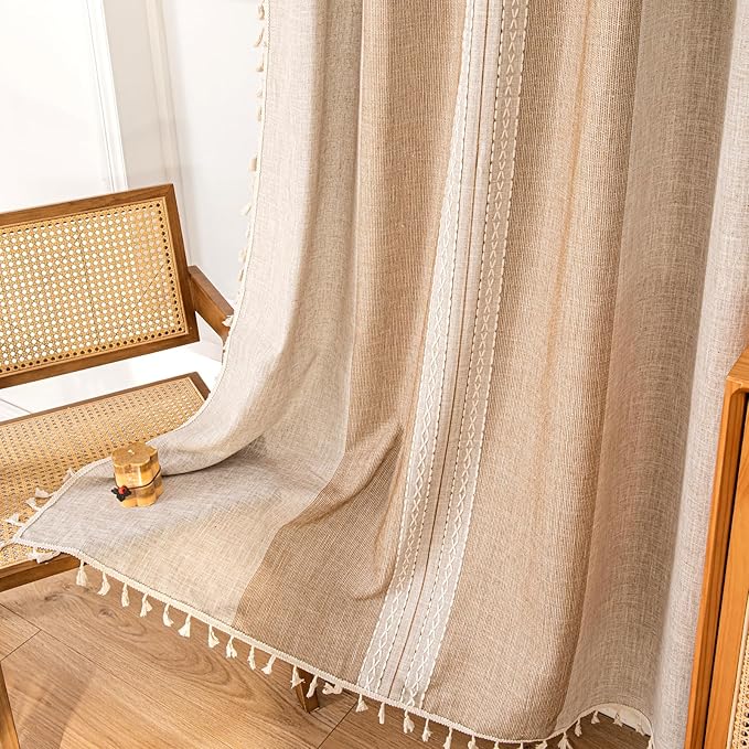 Deeprove Boho Curtains 96 Inches Long for Bedroom Dining Room Nursery, Cotton Linen Stripes Embroidery, Bohemian Farmhouse Window Treatment Drape Tassels, 1 Panel W52 x L96, Khaki and Coffee