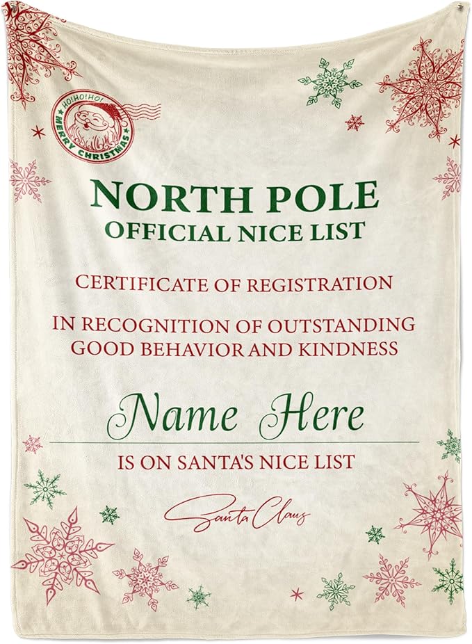 Personalized Christmas Blanket, Santa’s Nice List - Ships Next Day, Printed in USA - Warm Fleece or Sherpa Sofa Throw, Cute Holiday Décor - Customizable Family Throws (Sherpa 50x60)