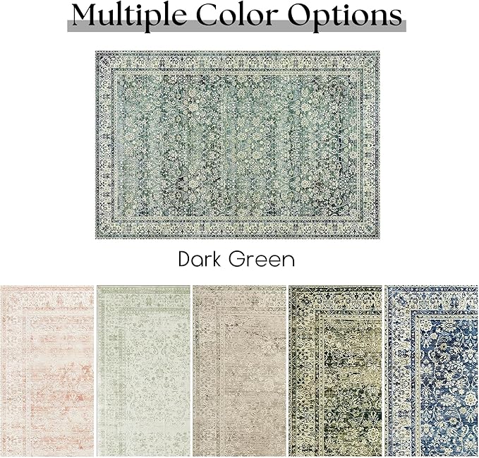 9x12 Area Rugs Washable Rug for Living Room Big Bedroom Under Bed,Faux Wool Soft No Slip Floral Boho Vintage Extra Large Carpet for Dining Room Under Table,9 by 12,Emerald Dark Green