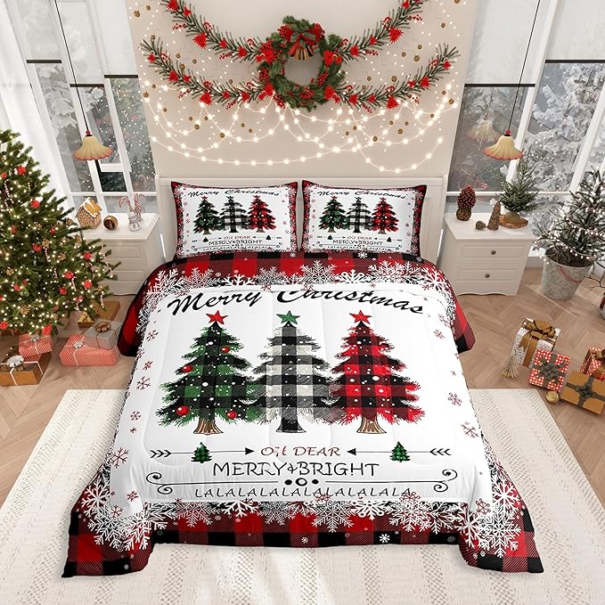 Christmas Comforter Set Full Size, Red Plaid Xmas Trees Bedding Set 3pcs , Winter Snowflake New Year Reversible Down Comforter for All Season, Kids Boys Girls Room Decor, 2 Pillowcases, No Sheets