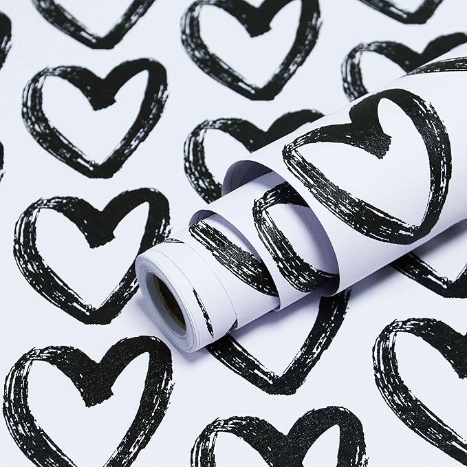 Timeet Modern Heart Peel and Stick Wallpaper - Self Adhesive, 17.7"x78.7", Black and White, Removable, Decorative for Bedroom, Living Room, Bathroom