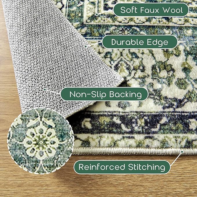 Green Washable Bathroom Hallway Runner Rug with Rubber Backing Non Slip Vintage Boho Floral Long Runners Rugs for Entryway Indoor Laundry Room Bath Floor Kitchen,2x6,24x72 Inch,Dark Emerald