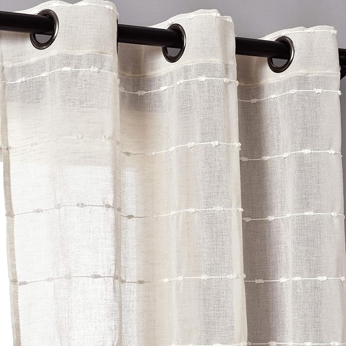 Lush Decor Farmhouse Textured Grommet Sheer Window Curtain Panel Pair, 38"W x 120"L, White