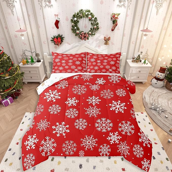 Feelyou Christmas Comforter Set All Season Winter Snowflake Bedding Set with 2 Pillow Cases Xmas Festival Microfiber Kids King Bedclothes Snowflake Red Bedroom Decor Duvet Quilt Breathable Soft