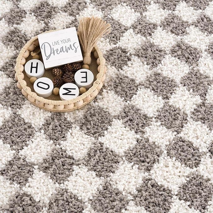 Hauteloom Kieu Contemporary Checkered Fluffy Shag Area Rug - Modern Geometric Soft Carpet Tiles for Living Room, Kids Room, Nursery - Light Gray, Taupe, Gray - 18" Sample