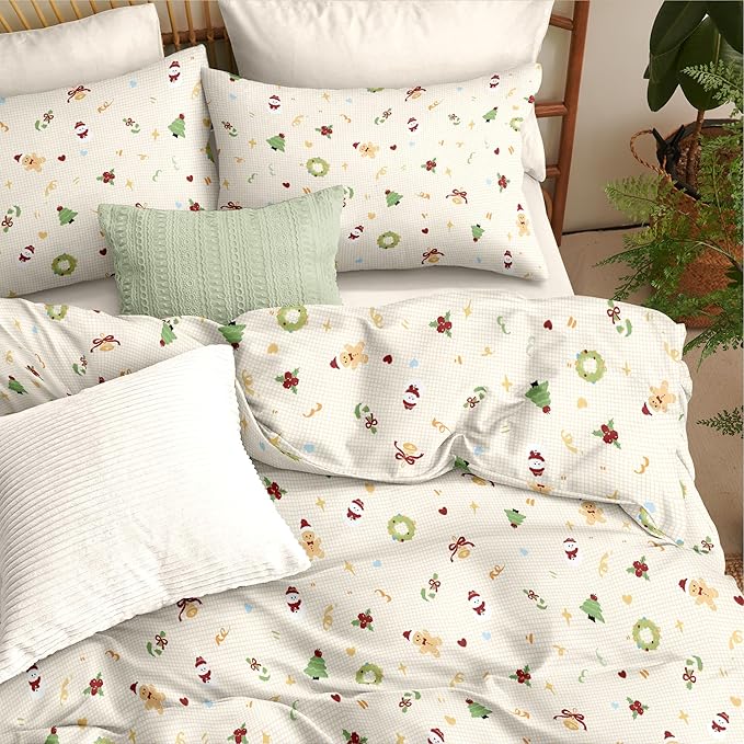 Christmas Duvet Cover Queen Size Gingham Red Bow Christmas Tree Bedding Set 3 Pcs Kids Boys Girls Plaid Heart Xmas Holiday Reversible Comforter Cover with Zipper Closure