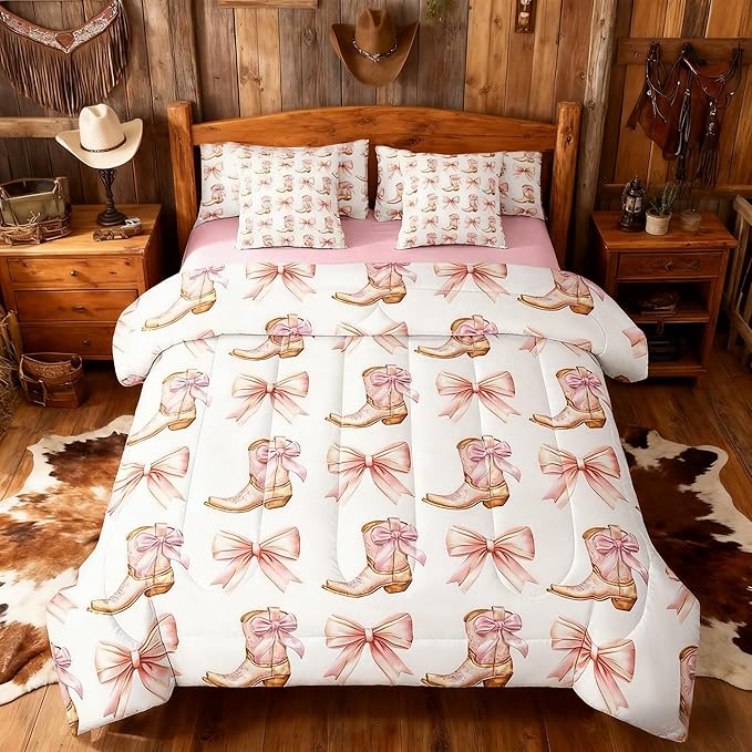 7 Pieces Western Cowgirl Comforter Set Queen,Pink Bowknot Cowgirl Boots Rustic Farmhouse Bedding Set,Bow Tie Geometric Patchwork Golden（Comforter+Fitted+Flat Sheet+2 Pillowcases+2 Throw Pillow Covers）