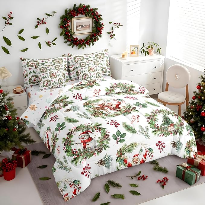 Erosebridal Kids Xmas Santa Claus Bedding Set King Xmas Elk Deer Comforter Set 7 Piece Woodland Pine Berry Bed in A Bag for Adults Green Christmas Decoration Quilt with Flat Fitted Sheet